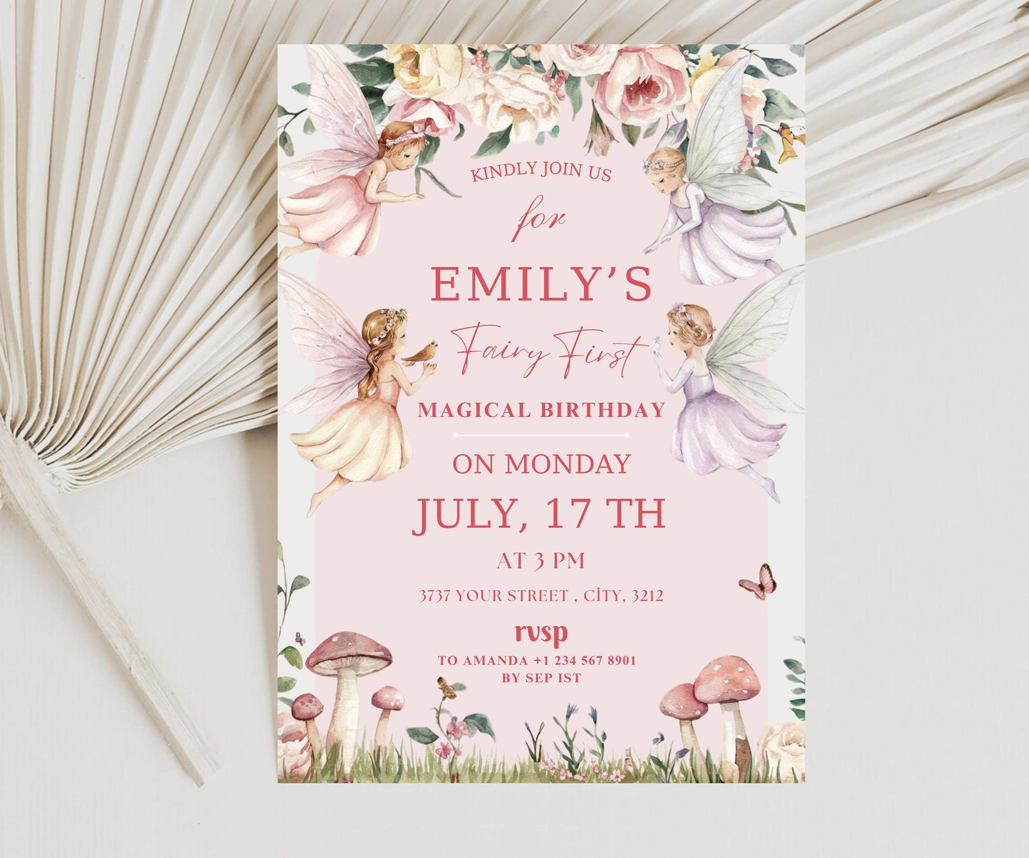 Fairy First Birthday Invitation Template, Pink Fairy Invite Template, Printable Fairy Invitation, Cute Fairy Canva Template, First Birthday