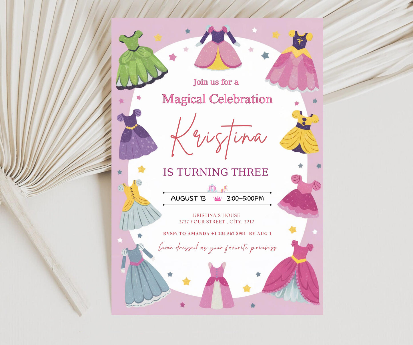 EDITABLE Princess Birthday Invitation, Princess Magical Dresses Invite, Royal Girl Pink Dress Up Party Magical Princess Birthday Invitation