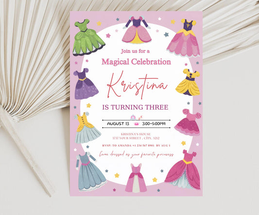 EDITABLE Princess Birthday Invitation, Princess Magical Dresses Invite, Royal Girl Pink Dress Up Party Magical Princess Birthday Invitation