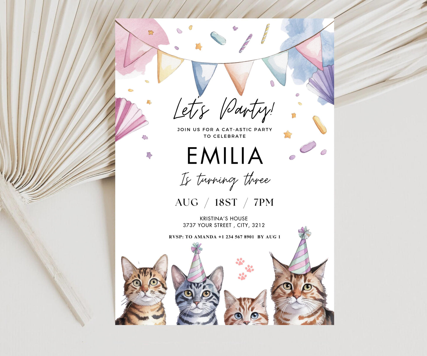 Cat Birthday Invitation Kitty Birthday Invitation, EDITABLE Kitty Cat Birthday Invite, Kitten Party Invite Blue Pink Kitty Cat Invitation