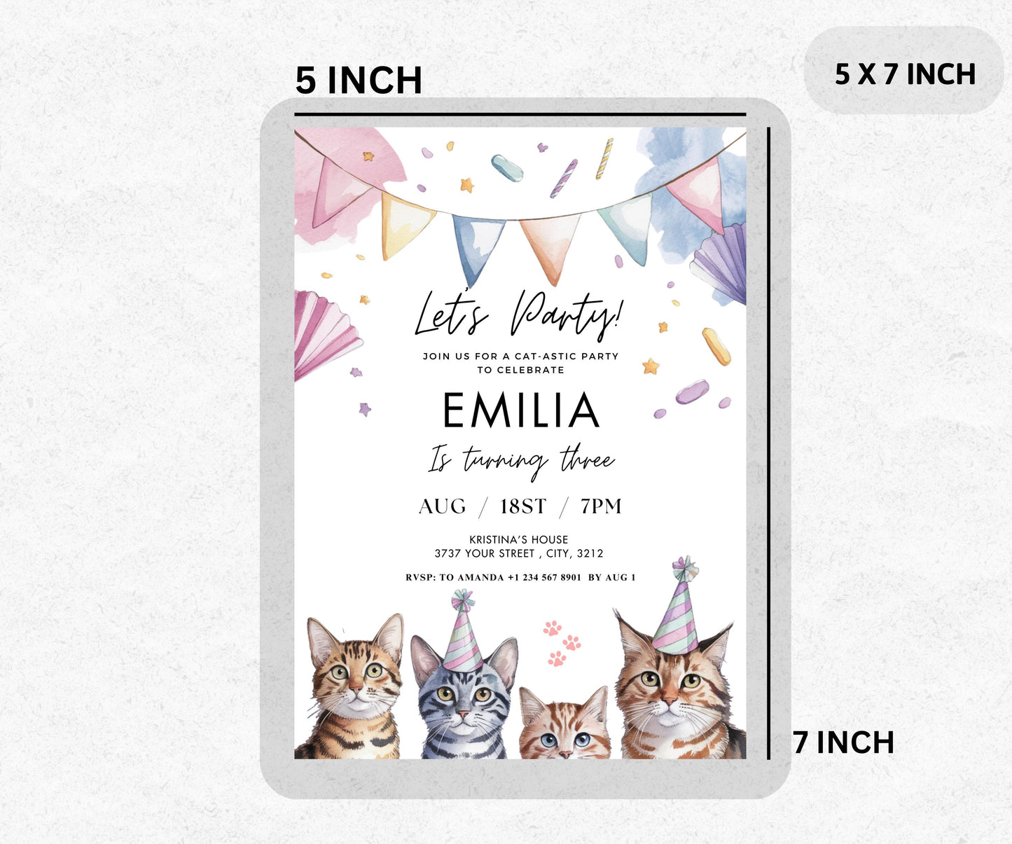 Cat Birthday Invitation Kitty Birthday Invitation, EDITABLE Kitty Cat Birthday Invite, Kitten Party Invite Blue Pink Kitty Cat Invitation