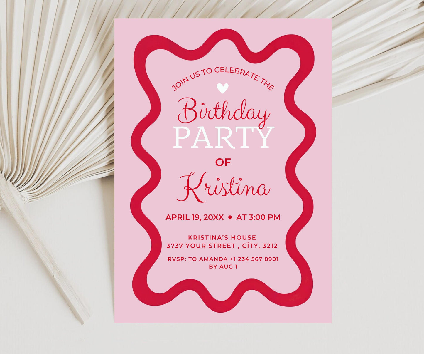 Modern Pink and Red Wavy Frame Editable Retro 70s Birthday Invitation - Digital Template for Kids or Adults Party