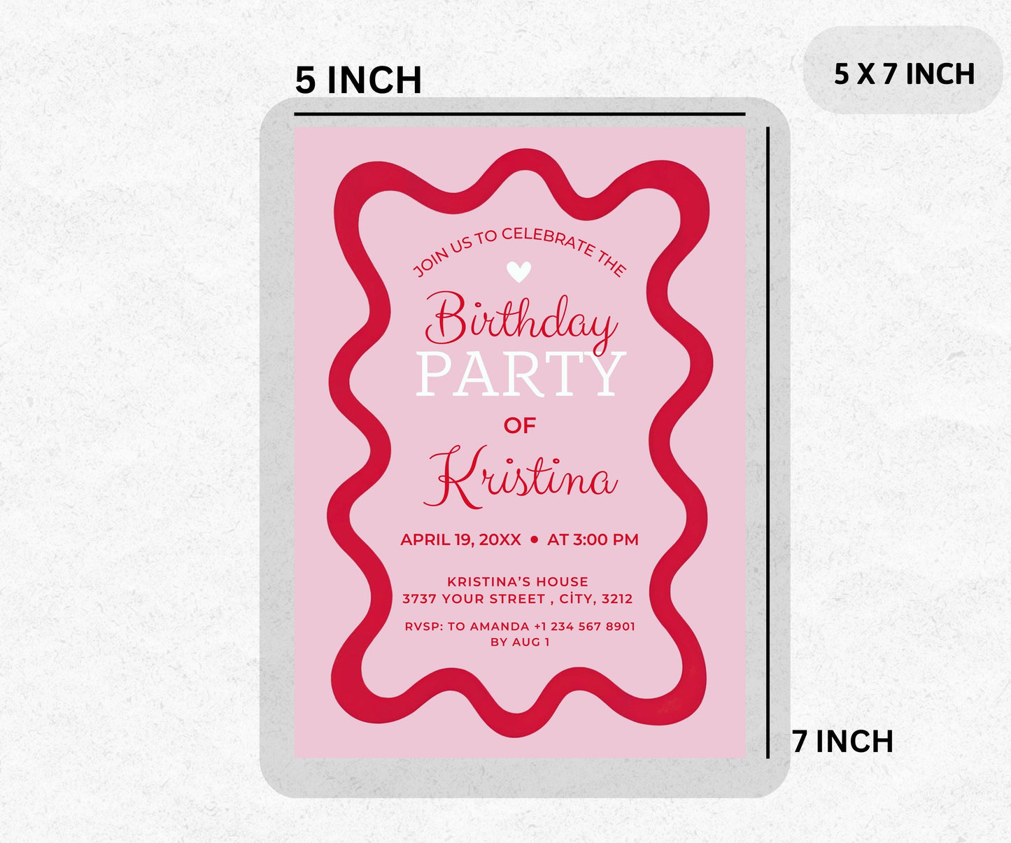 Modern Pink and Red Wavy Frame Editable Retro 70s Birthday Invitation - Digital Template for Kids or Adults Party