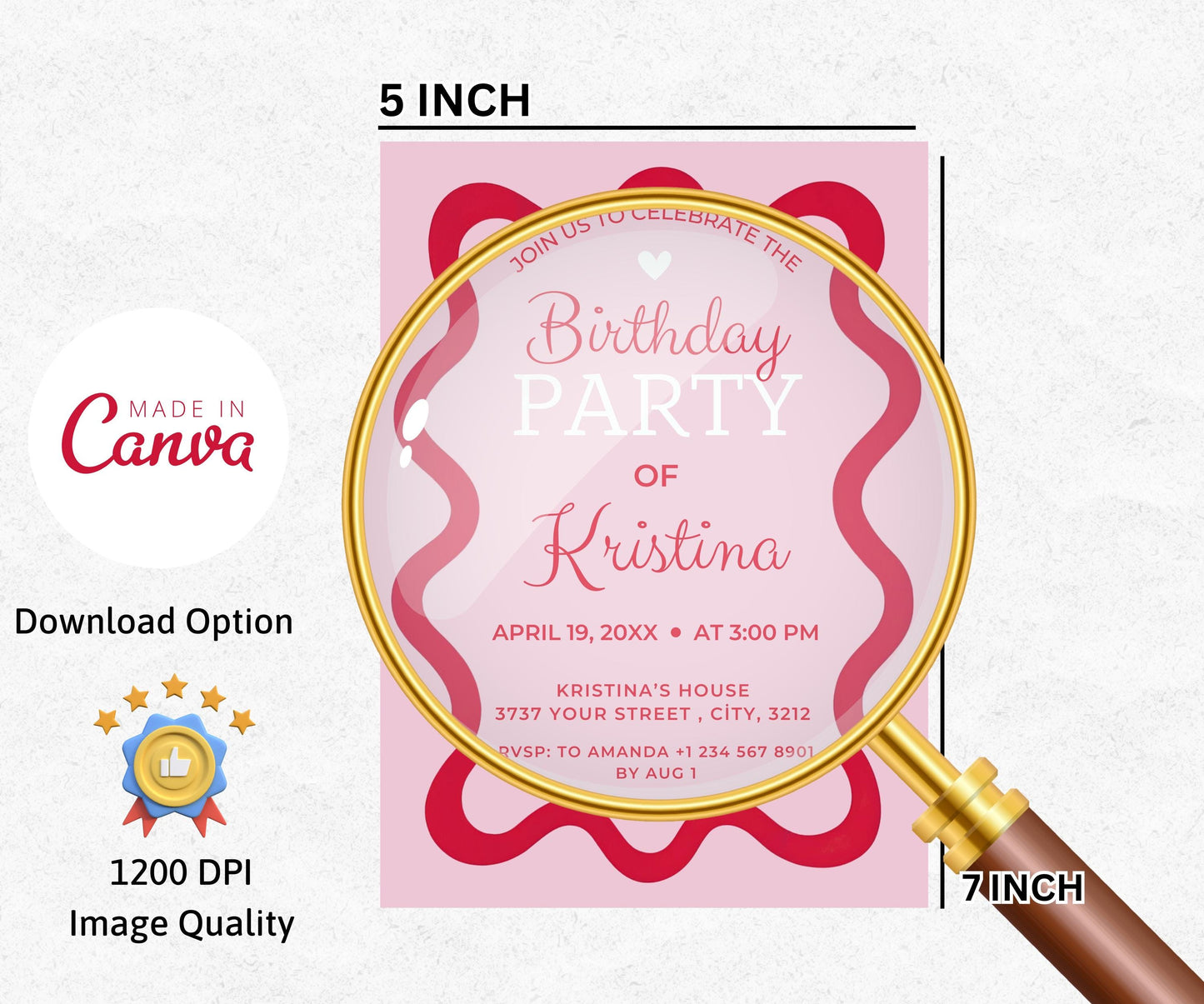 Modern Pink and Red Wavy Frame Editable Retro 70s Birthday Invitation - Digital Template for Kids or Adults Party