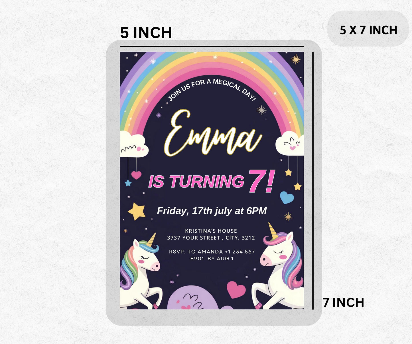 Editable Unicorn girl’s birthday pink Party Invitation Template, Rainbow Sparkles Invite, Magical Unicorn invite, Pastel Invitation