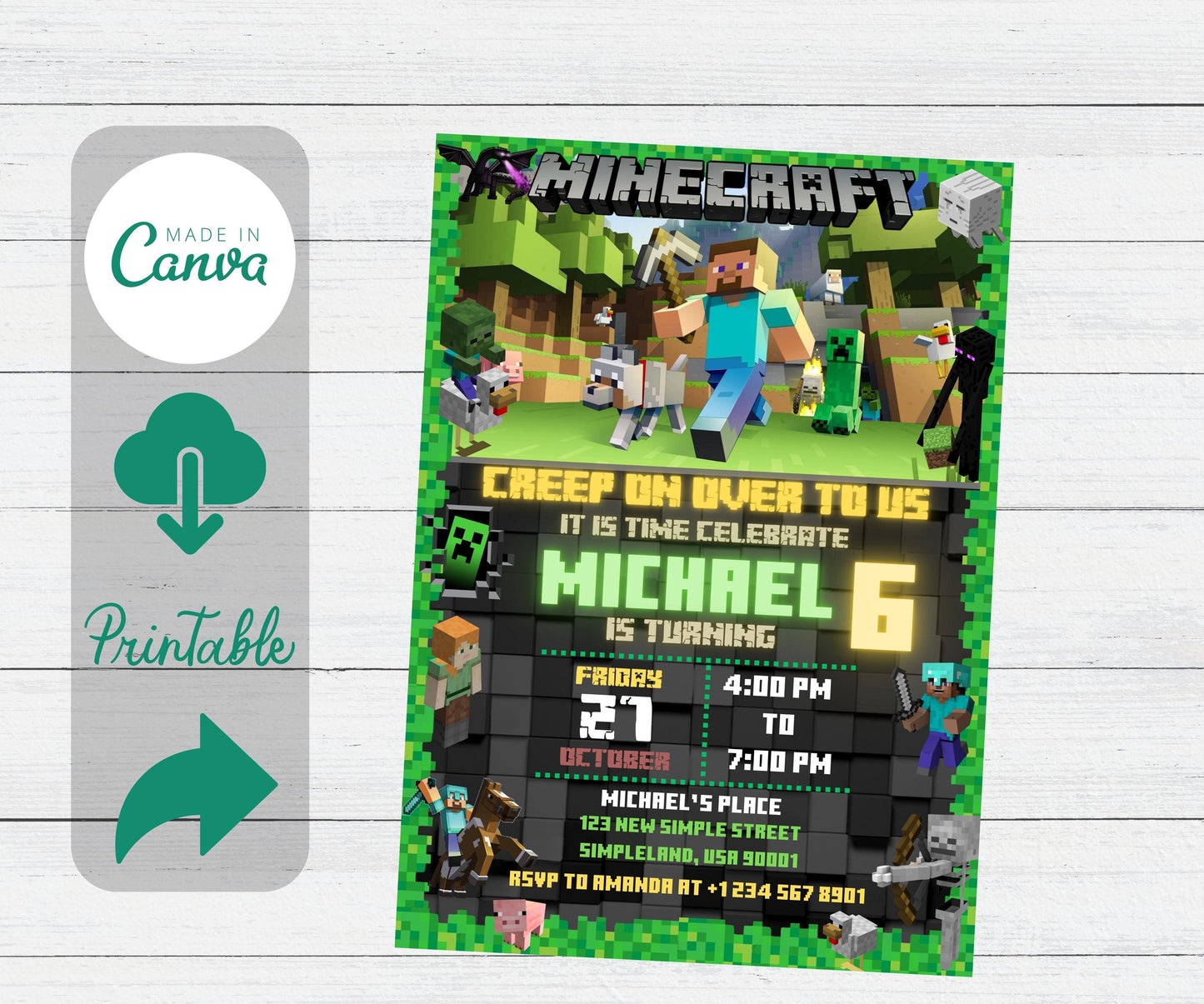 Editable Minecraft Birthday Invitation | Minecrafter Invite Template | Mine birthday invitations | Editable in Canva Invite Instant Download