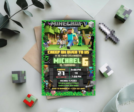 Editable Minecraft Birthday Invitation | Minecrafter Invite Template | Mine birthday invitations | Editable in Canva Invite Instant Download