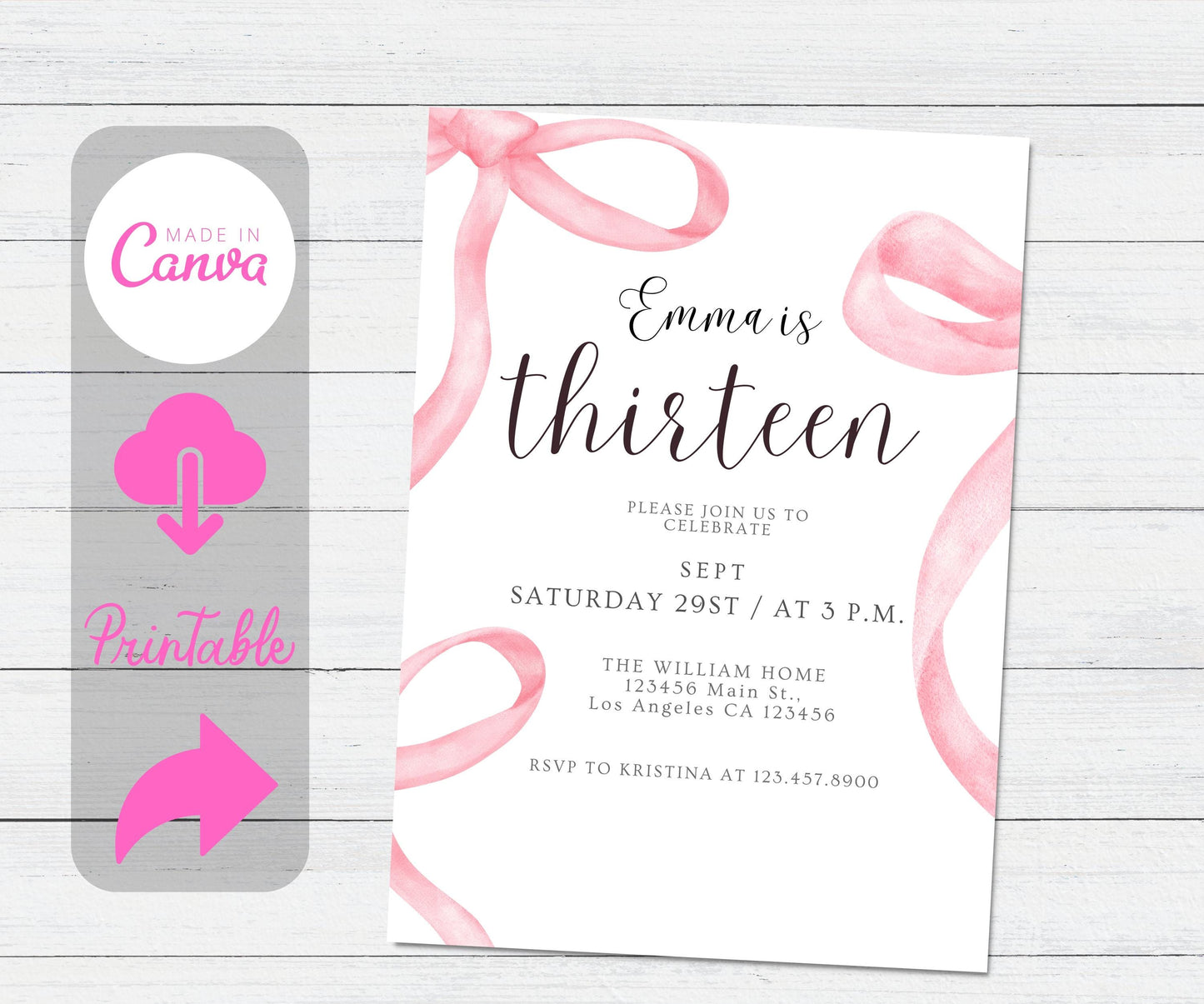 Editable Pink Bow First Birthday Template Printable, Pink Coquette Bow Invitation 1st Birthday Girl Invite, Bow Invite Bow Invite 1st bday