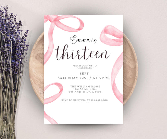 Editable Pink Bow First Birthday Template Printable, Pink Coquette Bow Invitation 1st Birthday Girl Invite, Bow Invite Bow Invite 1st bday