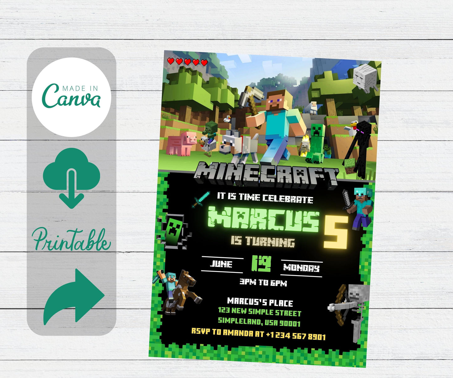 Editable Minecraft Birthday Invitation, Minecrafter birthday invitations, Minecraft Birthday Invitation, Gamer invitation, Editable Canva