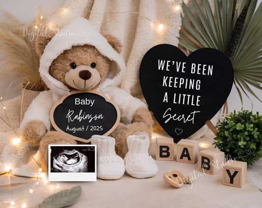 Editable Pregnancy Announcement Digital Reveal For Social Media, Baby Announcement Digital Bohemian Gender Neutral Image Bear Heart Template