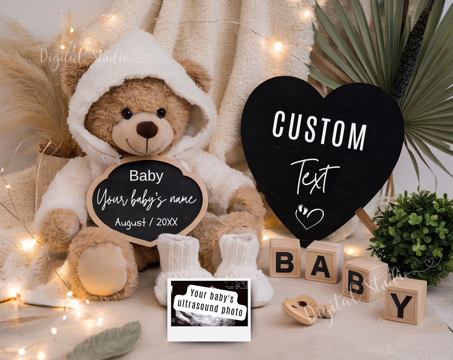 Editable Pregnancy Announcement Digital Reveal For Social Media, Baby Announcement Digital Bohemian Gender Neutral Image Bear Heart Template