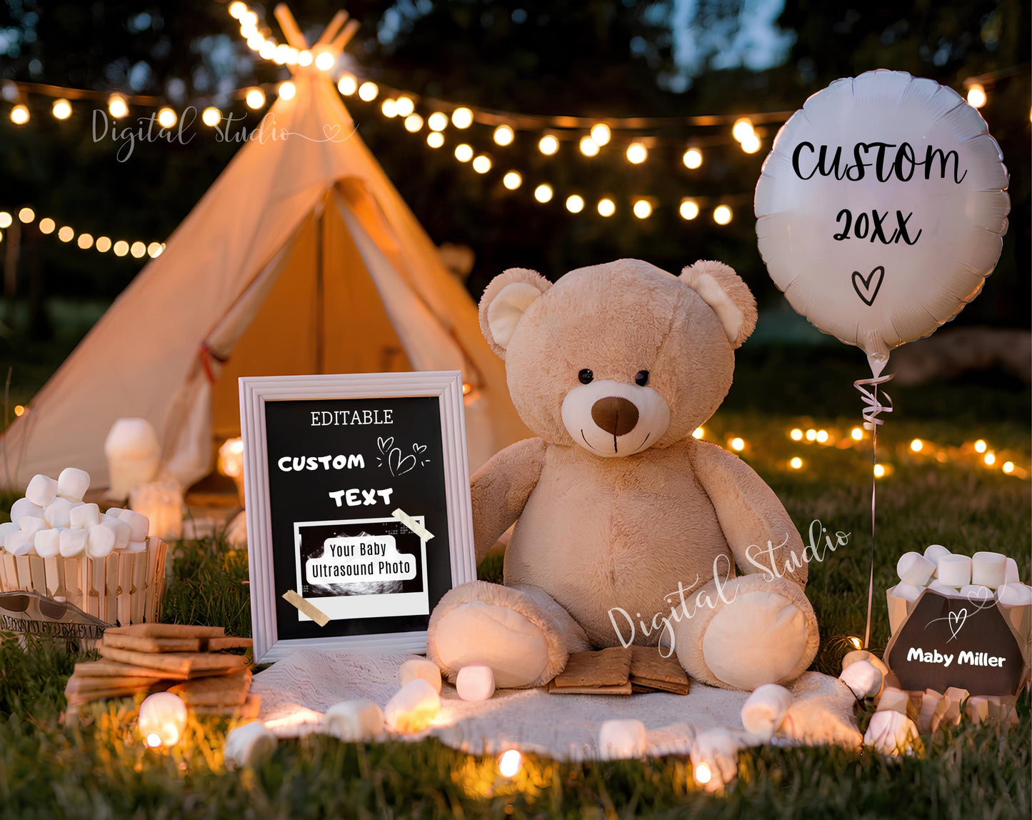 Digital Teddy Bear S'mores Pregnancy Announcement, Adding S'more Love to Our Family, Gender Neutral Camping Baby Reveal, Editable Template