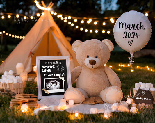 Digital Teddy Bear S'mores Pregnancy Announcement, Adding S'more Love to Our Family, Gender Neutral Camping Baby Reveal, Editable Template