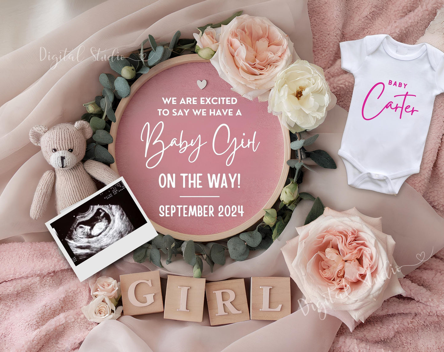 Baby Girl Pregnancy Announcement Digital, Girl Baby Announcement, Girl Baby Reveal, Social Media Reveal, Sale