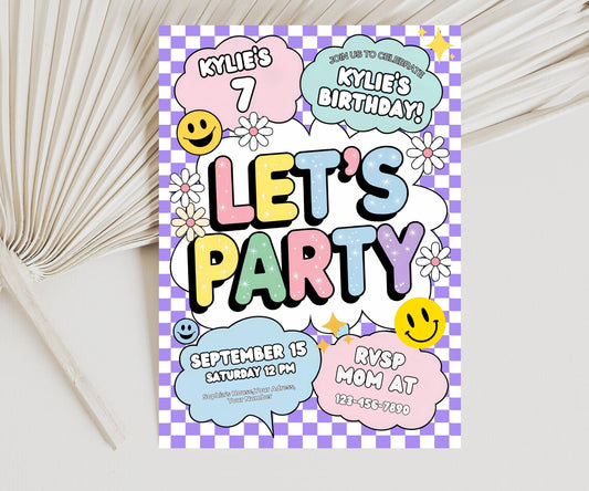 Digital Editable Preppy Patch Letter Invitation | Retro Varsity Patch Birthday Invitation | Let’s Party Smiley Face Editable Invite Download