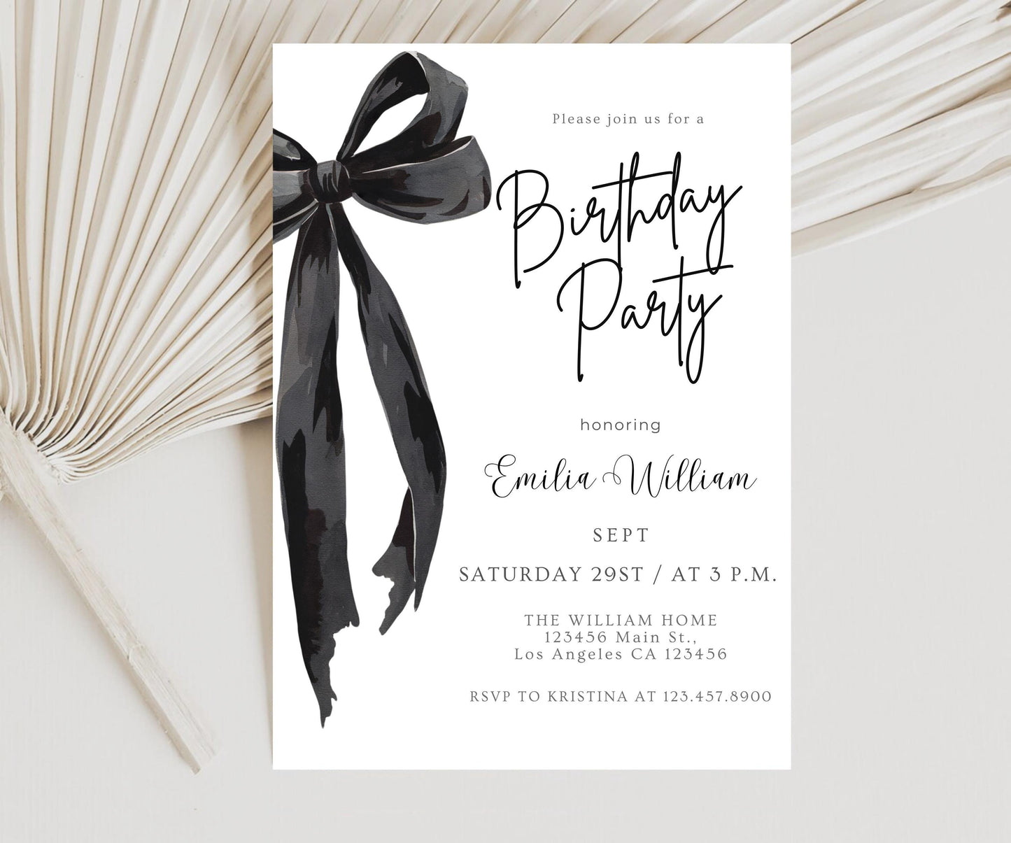 Editable Black Bow Birthday Invitation Template, Minimalist Black Bow Birthday Invite, Black Ribbon Coquette 30th 40th 50th Birthday Party