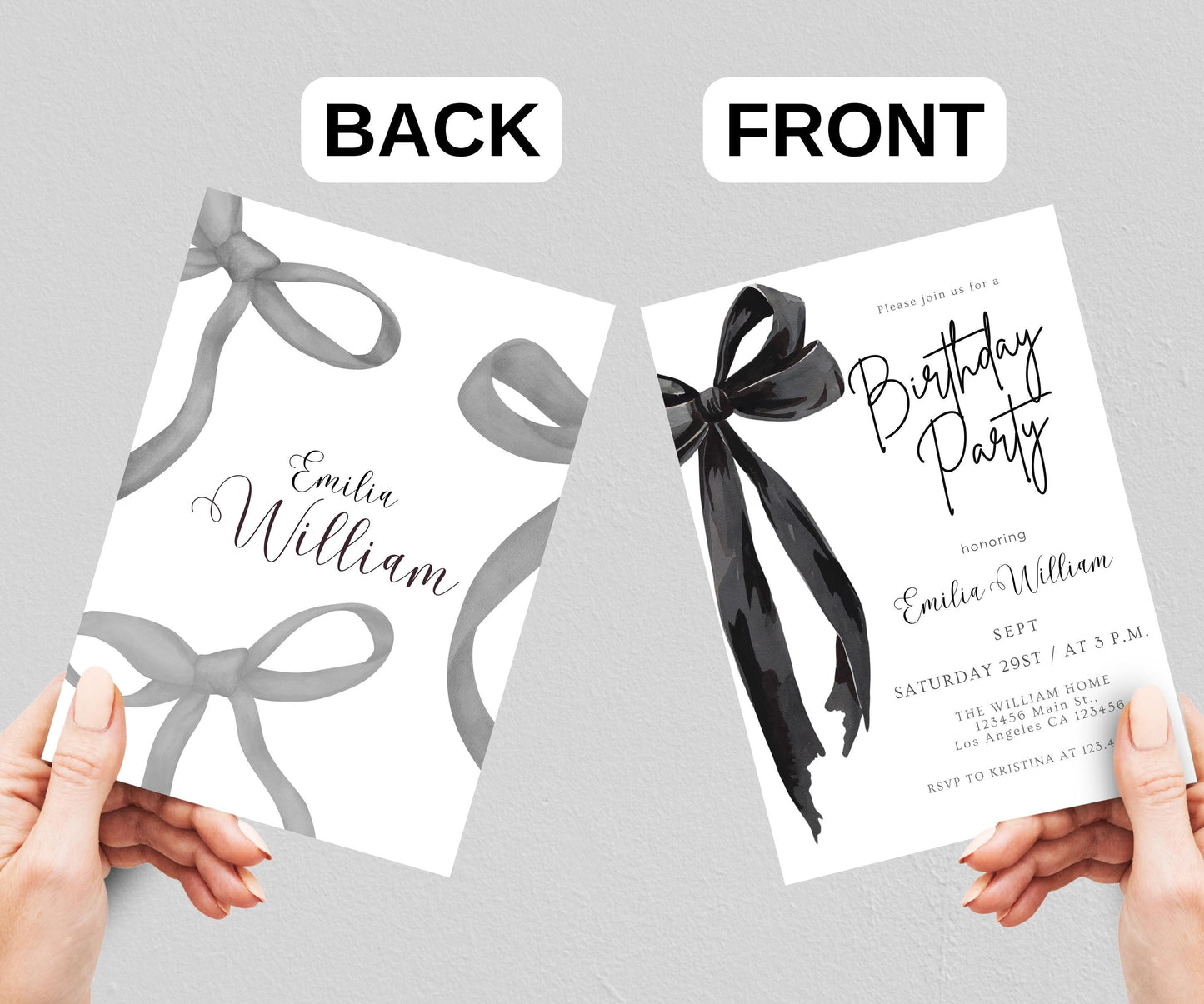 Editable Black Bow Birthday Invitation Template, Minimalist Black Bow Birthday Invite, Black Ribbon Coquette 30th 40th 50th Birthday Party