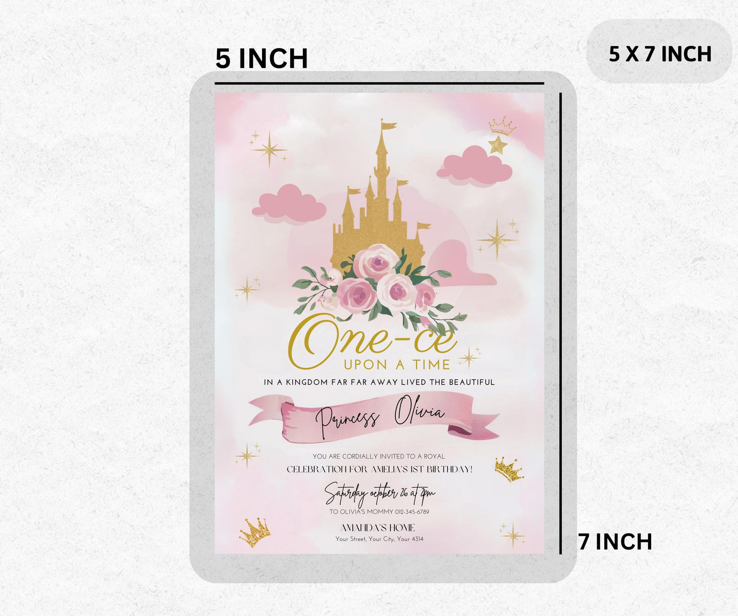 Princess 1st Birthday Party Invitations, One-ce Upon a Time First Birthday Invitation, Pink Girl First Birthday Editable Invitation