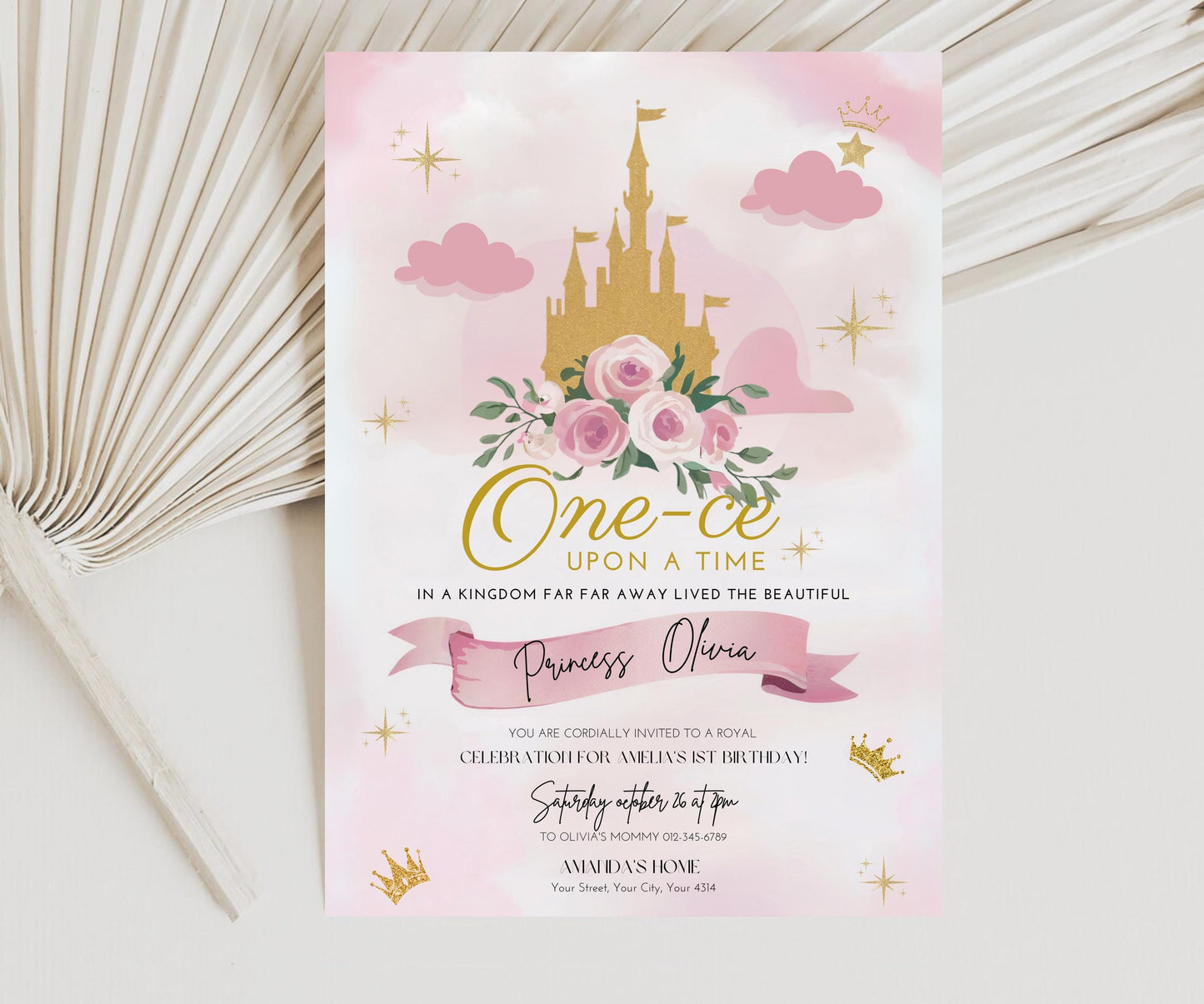 Princess 1st Birthday Party Invitations, One-ce Upon a Time First Birthday Invitation, Pink Girl First Birthday Editable Invitation