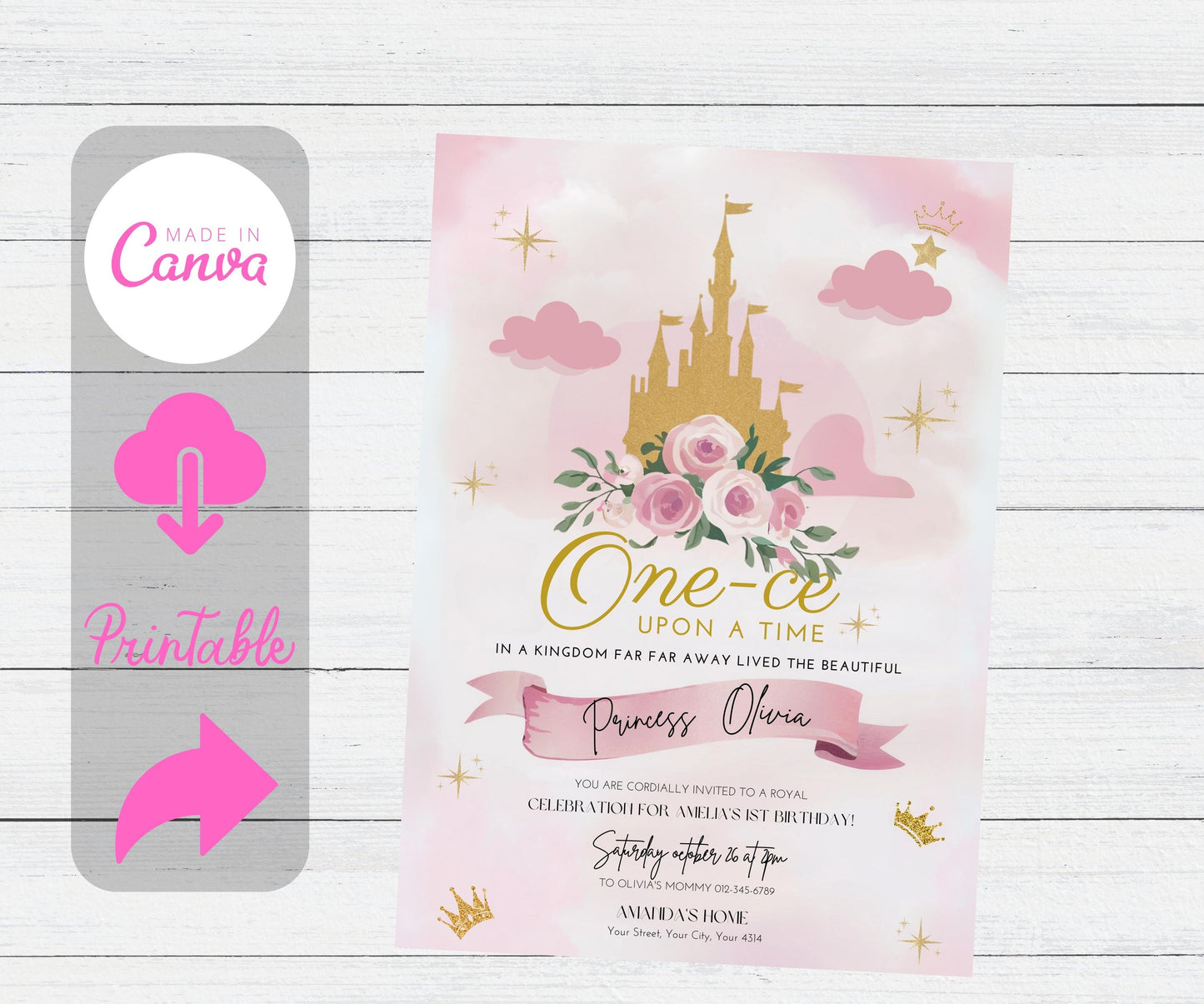 Princess 1st Birthday Party Invitations, One-ce Upon a Time First Birthday Invitation, Pink Girl First Birthday Editable Invitation