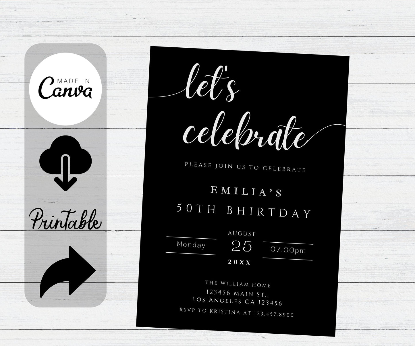 Let's Celebrate Adult Invitation Template, Editable Black Surprise Birthday Party Invite, Anniversary Adult Invites, 30th 40th 50th Invite