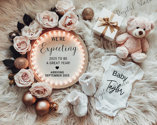 New Years Pregnancy Announcement, Editable Magical 2025 Baby Announcement, January Social Media Ultrasound Reveal, Neutral Christmas Wreath