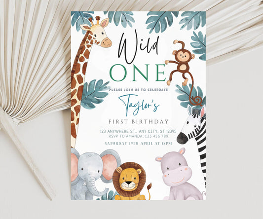 Safari Birthday Invitation, Editable Jungle Animals Birthday Invitation, Wild One Birthday Invitation, Safari Animals Baby Shower Template