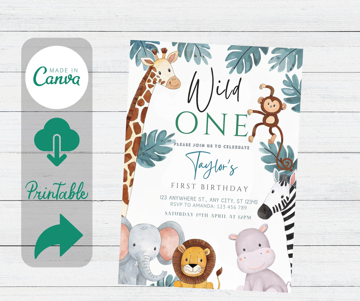 Safari Birthday Invitation, Editable Jungle Animals Birthday Invitation, Wild One Birthday Invitation, Safari Animals Baby Shower Template