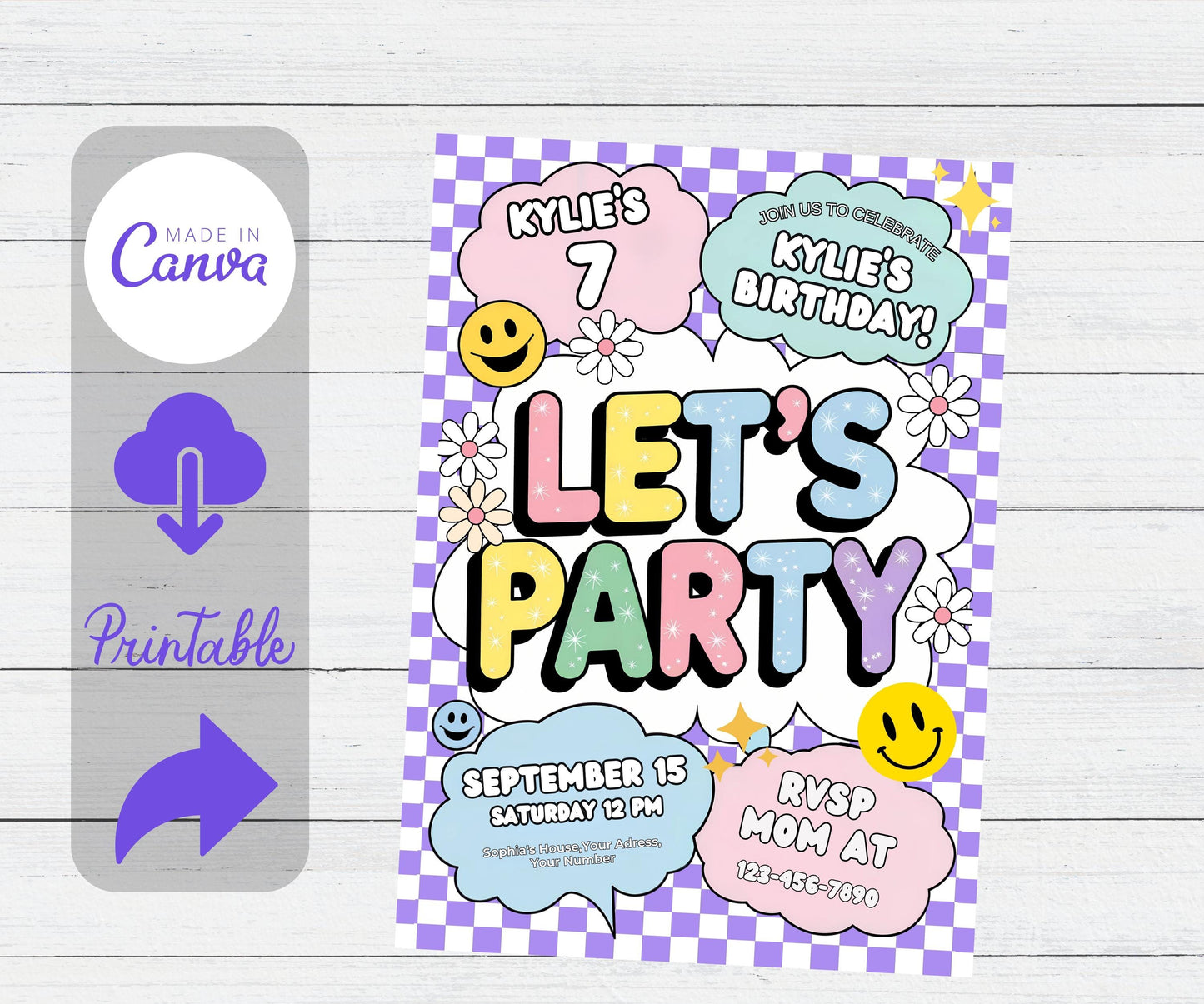 Digital Editable Preppy Patch Letter Invitation | Retro Varsity Patch Birthday Invitation | Let’s Party Smiley Face Editable Invite Download