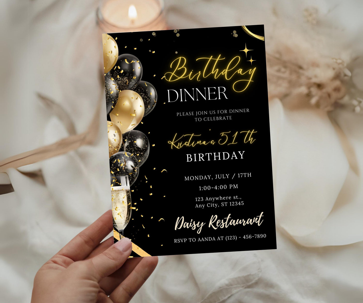 Editable Dinner Birthday Invitation, Black Tie Glam Invite, Birthday Black Golden Diamond Evite For Men & Women Birthday Party Invitation