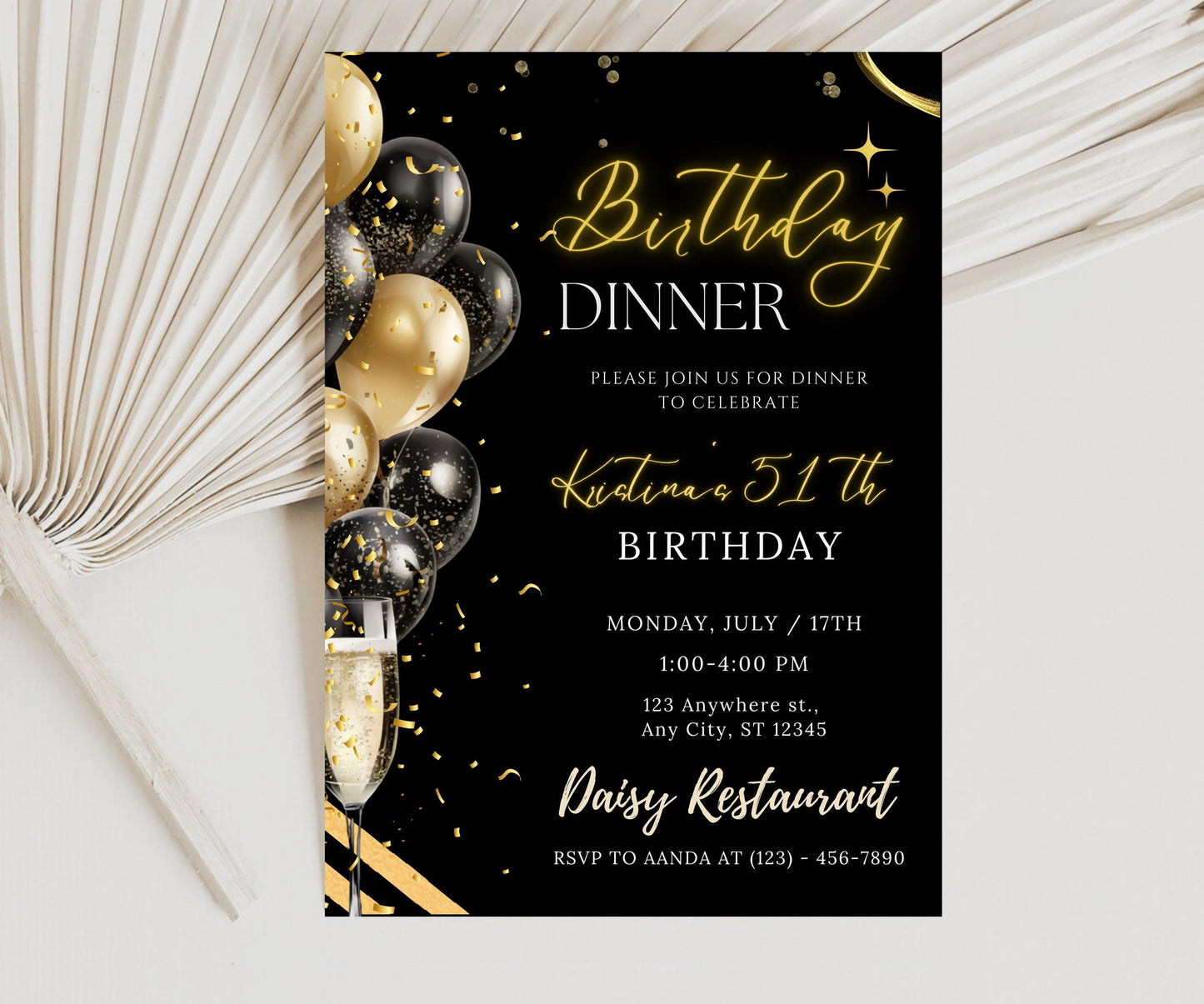 Editable Dinner Birthday Invitation, Black Tie Glam Invite, Birthday Black Golden Diamond Evite For Men & Women Birthday Party Invitation