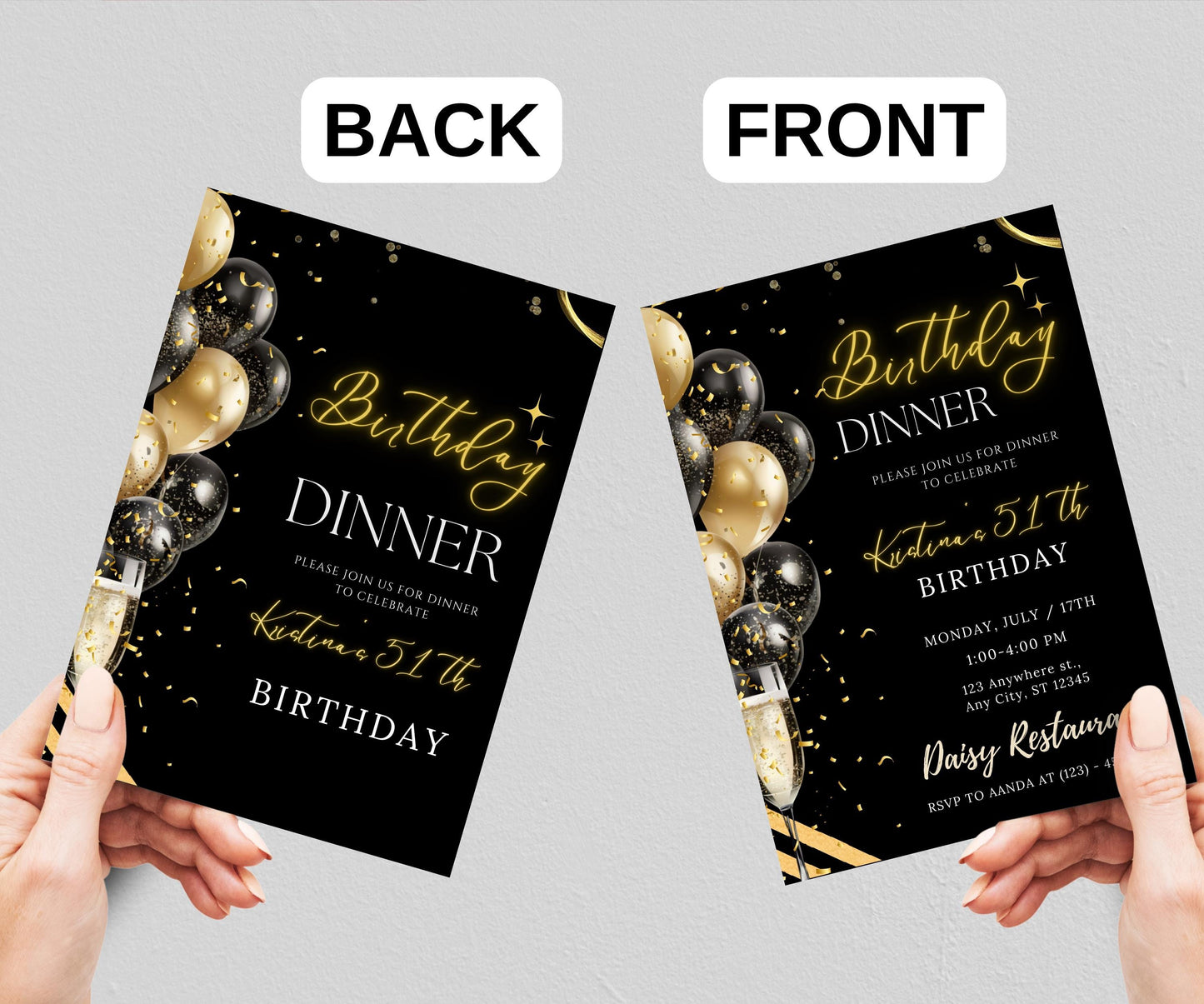 Editable Dinner Birthday Invitation, Black Tie Glam Invite, Birthday Black Golden Diamond Evite For Men & Women Birthday Party Invitation