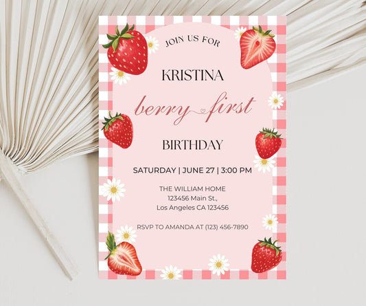 Berry First Invitation, StrawBerry First Birthday Invite, Berry 1st Birthday Invitation, Girl Strawberry Invitation, Canva Template