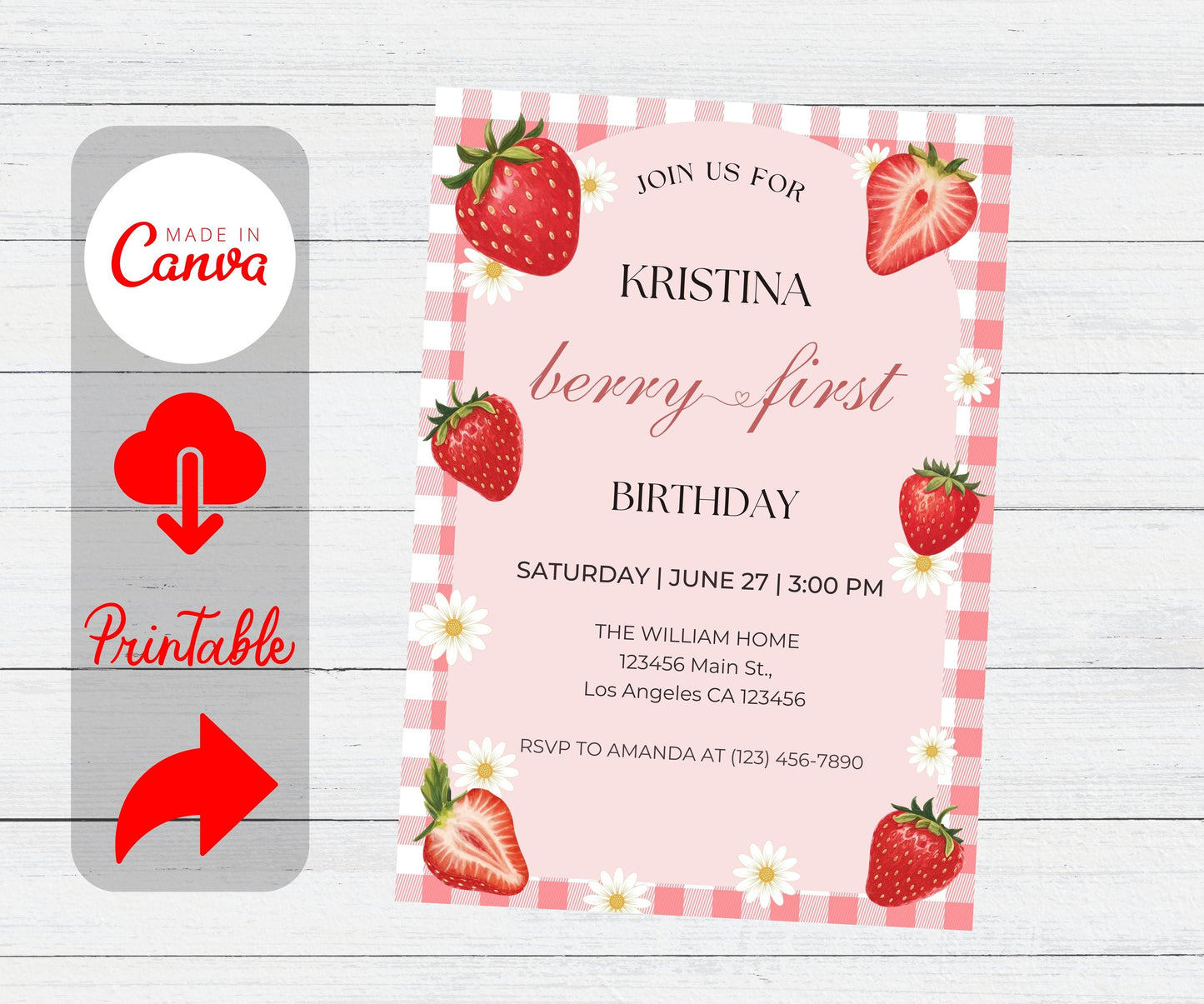 Berry First Invitation, StrawBerry First Birthday Invite, Berry 1st Birthday Invitation, Girl Strawberry Invitation, Canva Template