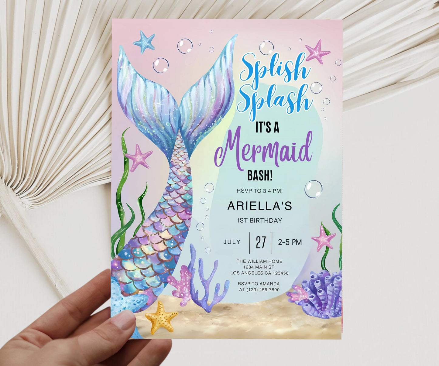 Mermaid Birthday Invitation, EDITABLE Mermaid Invitation, Mermaid Party Invitation, Under the Sea Invitation, Pink Theme Instant Download