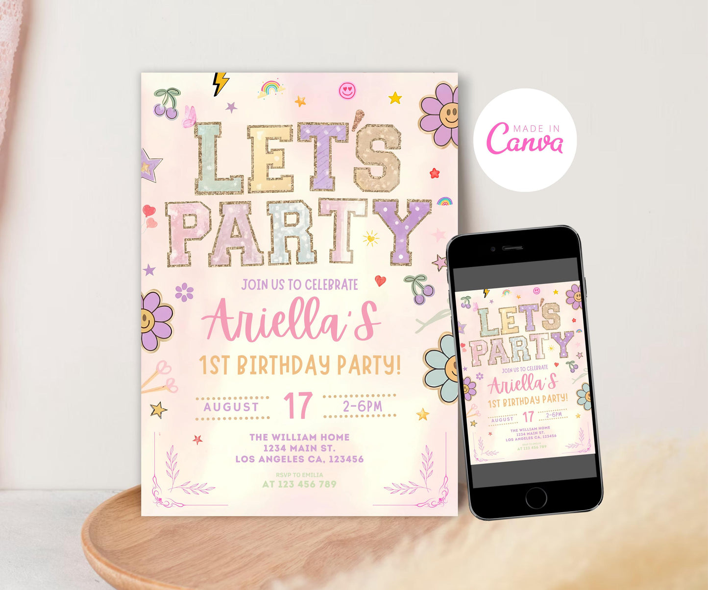 Editable Patch Letter Invitation, Retro Girl Birthday Invitation, Varsity Patch Party, Preppy Invitation, Printable Canva Template