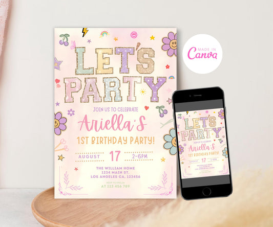 Editable Patch Letter Invitation, Retro Girl Birthday Invitation, Varsity Patch Party, Preppy Invitation, Printable Canva Template