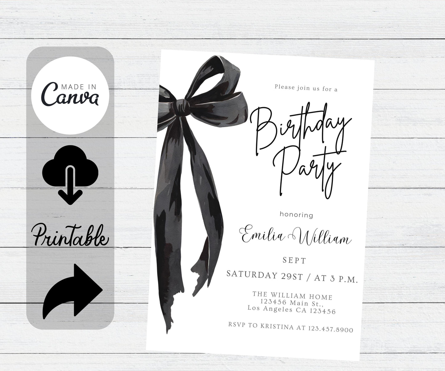 Editable Black Bow Birthday Invitation Template, Minimalist Black Bow Birthday Invite, Black Ribbon Coquette 30th 40th 50th Birthday Party