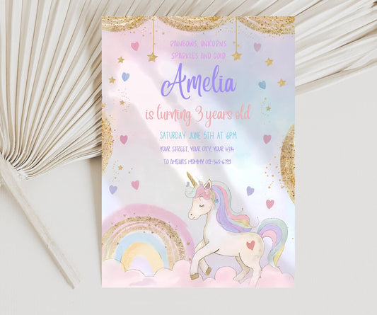 Unicorn Birthday Invitation, Pastel Unicorn, Rainbow Unicorn Sparkles and Gold Invitation, 1st Birthday Girl, Printable Pastel Invite