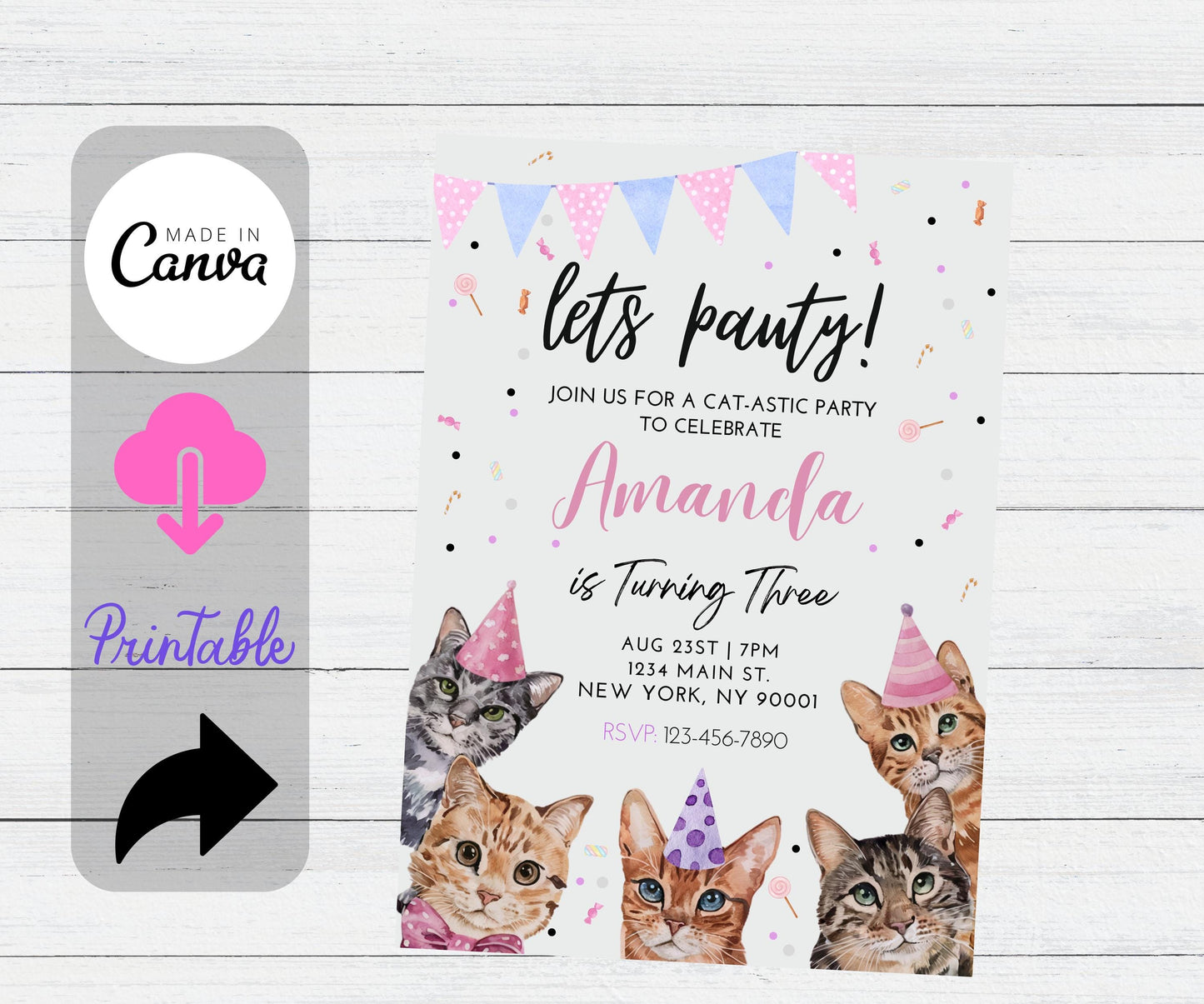 Cat Themed Birthday Invitation, Editable Cat Birthday Invite, Cat Birthday Invitation, Cat Invitation, Are you kitten me Invitation