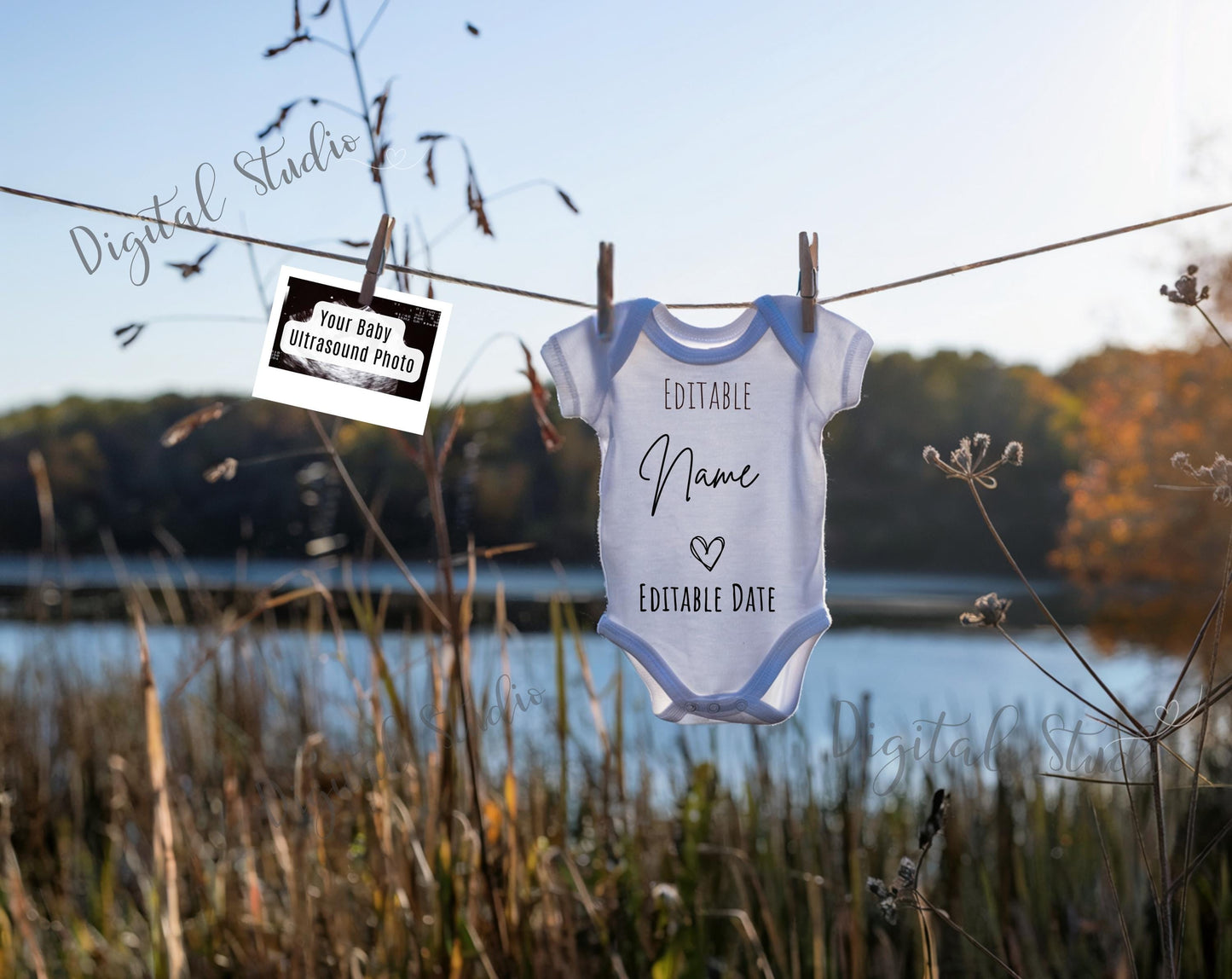 Editable Boho Fall Pregnancy Announcement, Baby Announcement, Simple Neutral Autumn Digital Download, November Season, Clear Sky Reveal