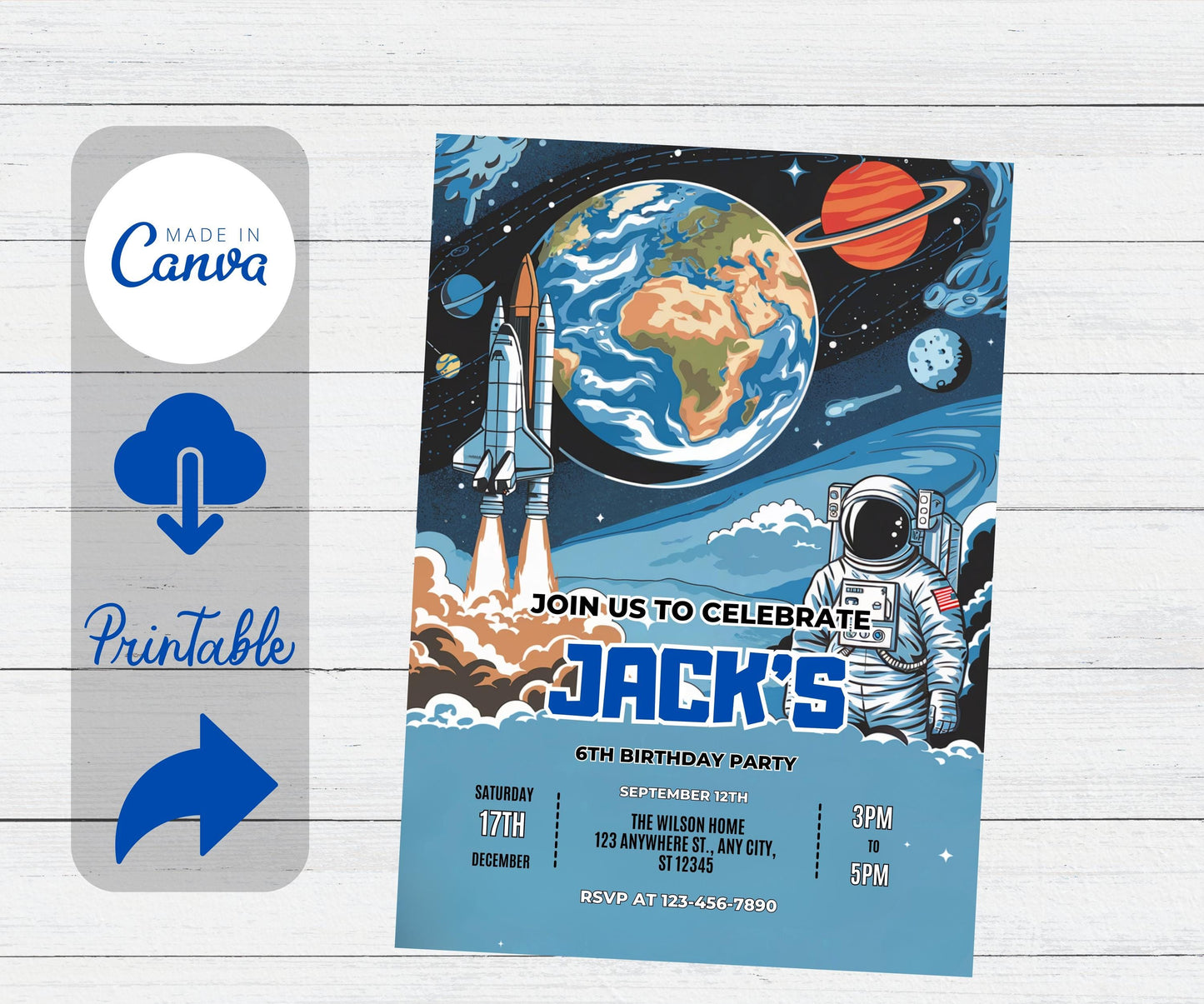 Editable Space Birthday Invitation, Planets Rocket Astronaut Birthday Invite, Kids Astronaut Space Party Invitation, Instant Download