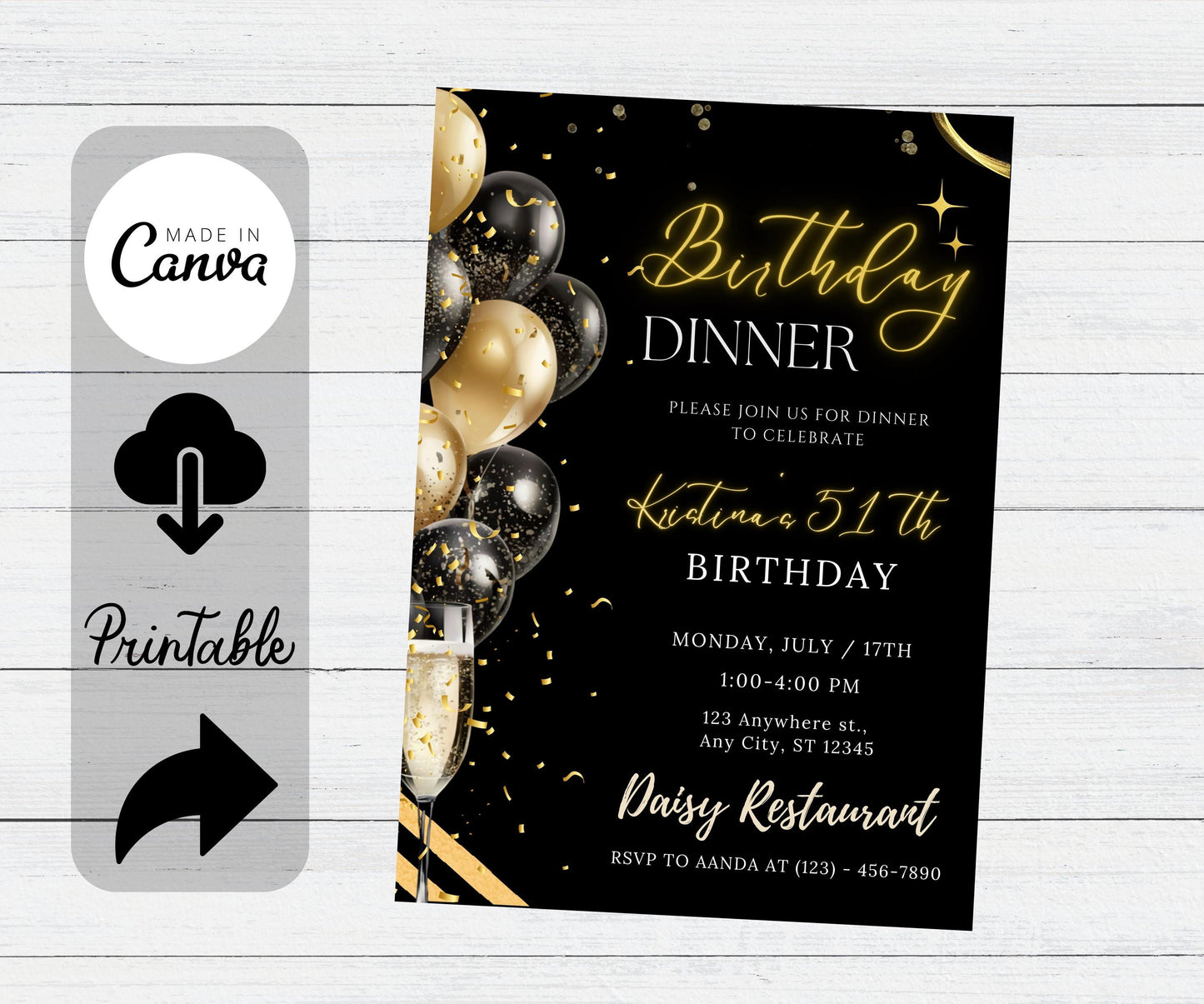 Editable Dinner Birthday Invitation, Black Tie Glam Invite, Birthday Black Golden Diamond Evite For Men & Women Birthday Party Invitation