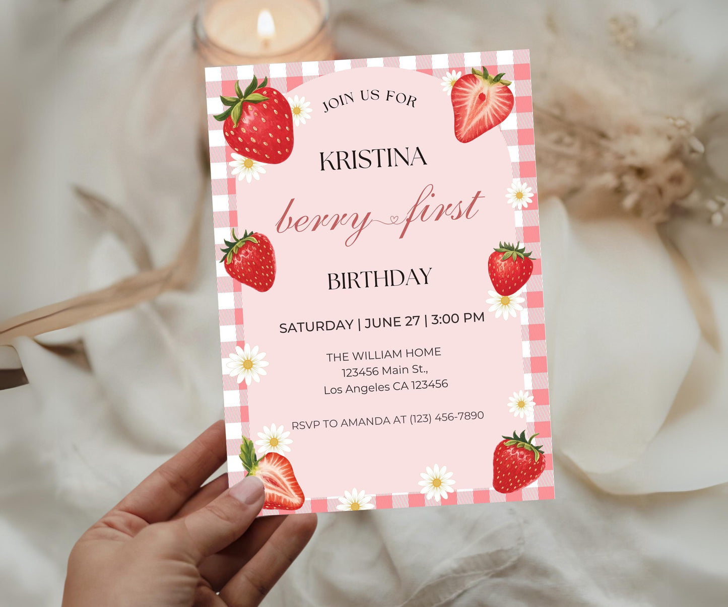 Berry First Invitation, StrawBerry First Birthday Invite, Berry 1st Birthday Invitation, Girl Strawberry Invitation, Canva Template