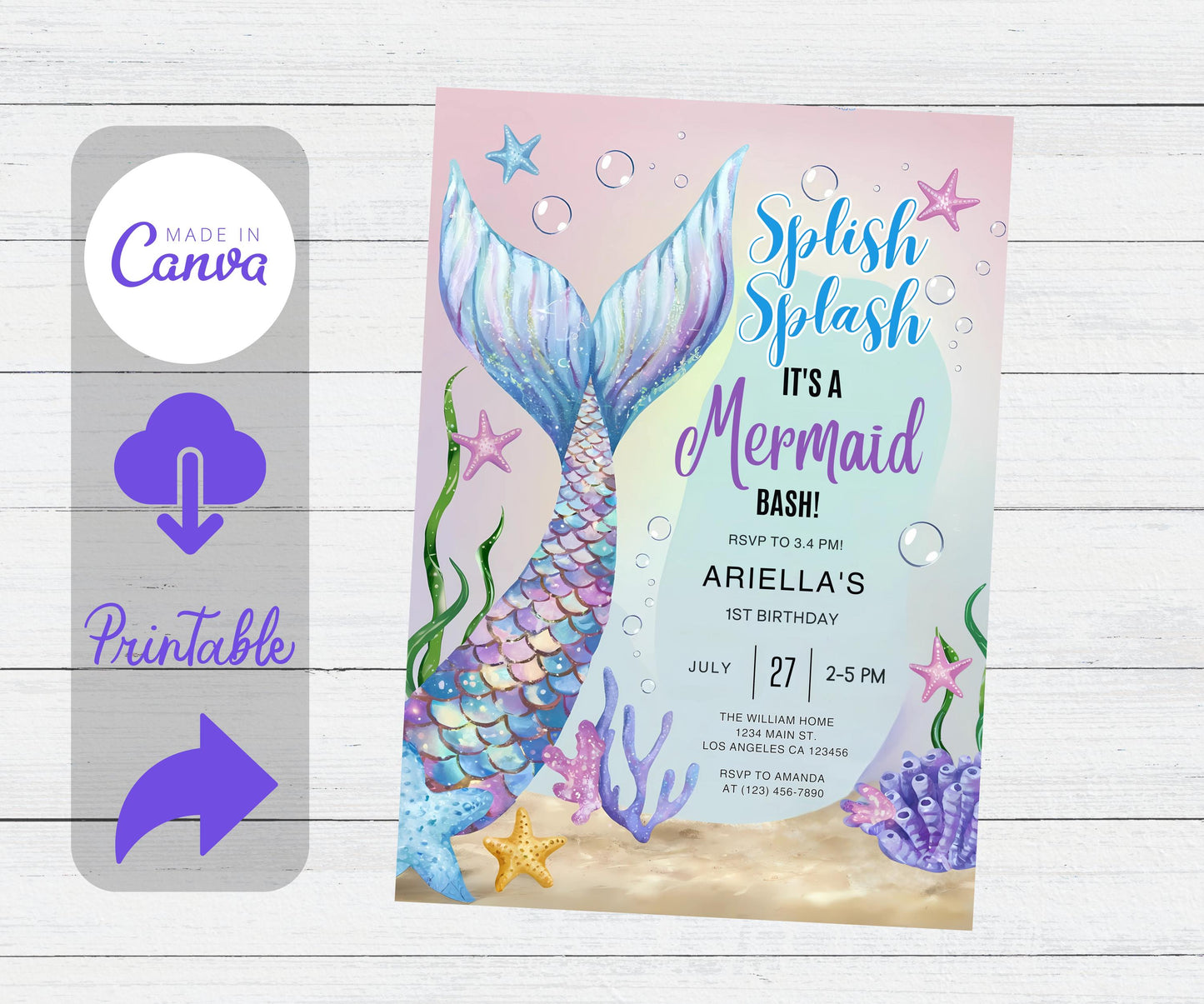 Mermaid Birthday Invitation, EDITABLE Mermaid Invitation, Mermaid Party Invitation, Under the Sea Invitation, Pink Theme Instant Download