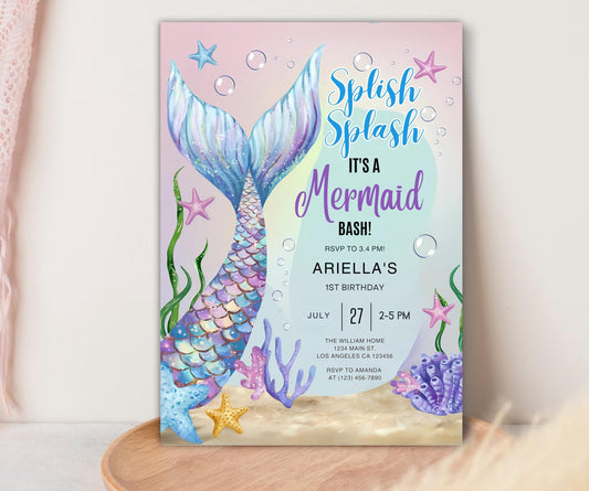 Mermaid Birthday Invitation, EDITABLE Mermaid Invitation, Mermaid Party Invitation, Under the Sea Invitation, Pink Theme Instant Download