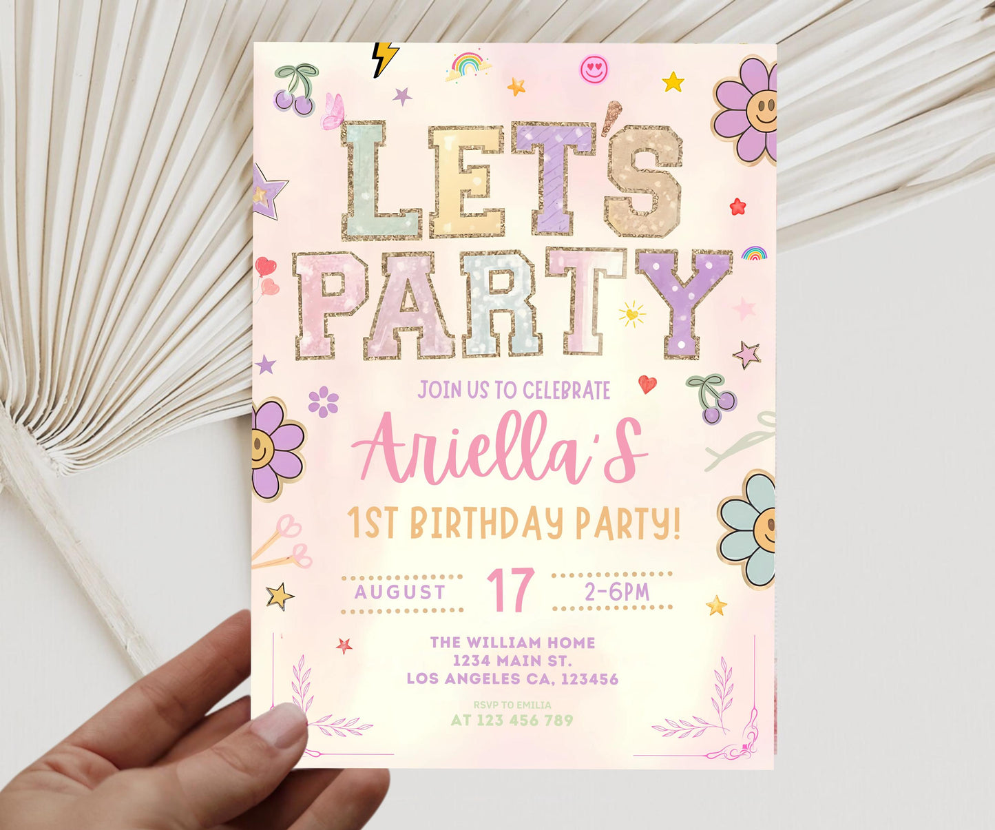 Editable Patch Letter Invitation, Retro Girl Birthday Invitation, Varsity Patch Party, Preppy Invitation, Printable Canva Template