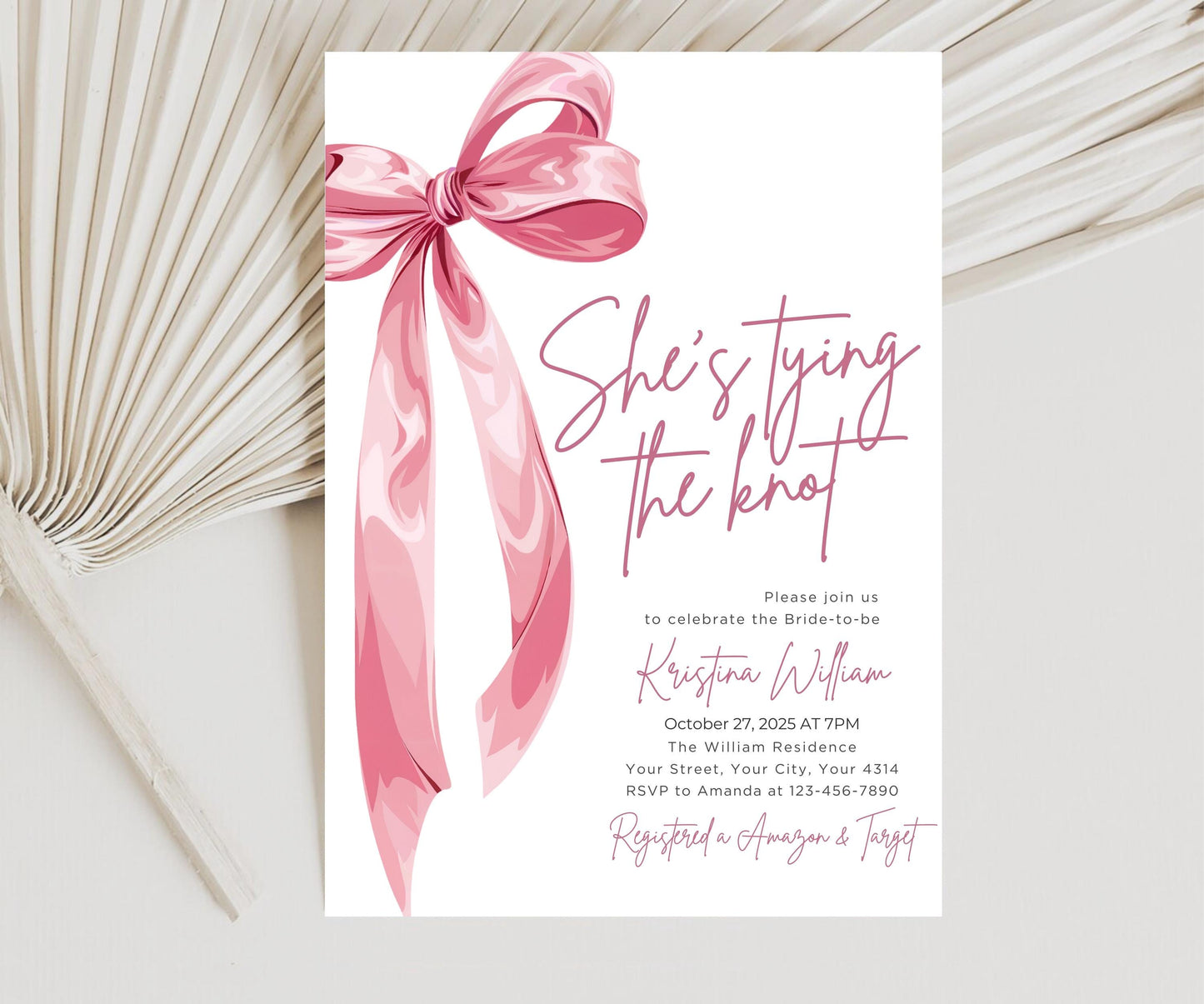 She's Tying the Knot Bridal Shower Invitation Template, Editable Minimalist Pink Bow Bridal Shower Invite Pink Bow Ribbon Wedding Shower