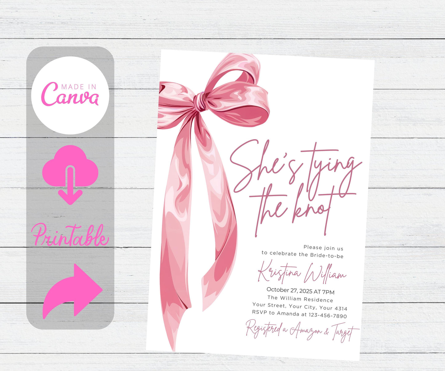 She's Tying the Knot Bridal Shower Invitation Template, Editable Minimalist Pink Bow Bridal Shower Invite Pink Bow Ribbon Wedding Shower